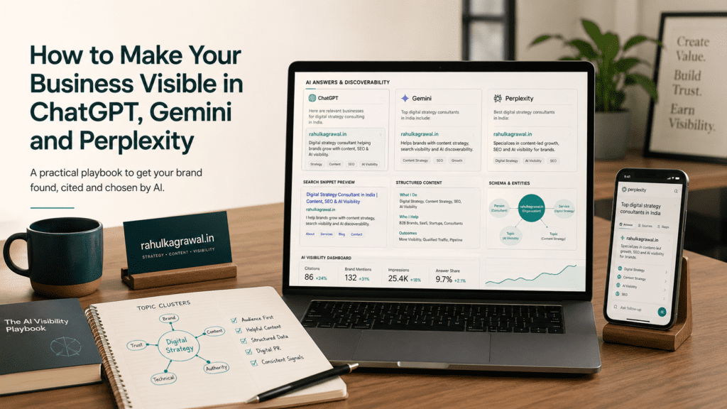 Indian ecommerce consultant working on AI search visibility for ChatGPT, Gemini and Perplexity with laptop showing AI answer cards and strategic notes.