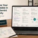 Indian ecommerce consultant working on AI search visibility for ChatGPT, Gemini and Perplexity with laptop showing AI answer cards and strategic notes.